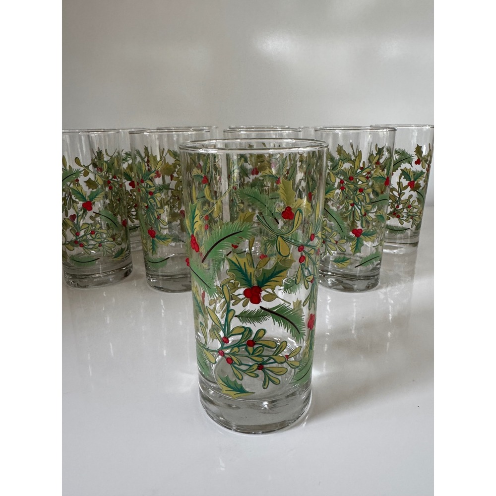 Libbey Christmas Holly Berry Glasses Set of 10 Holiday Highball Tumblers Clear